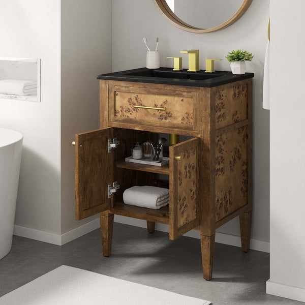 Modway Furniture Elysian 24" Handcrafted Wood Bathroom Vanity - Black Brown with Ceramic Sink & Modern Storage Solutions EEI-6442-BLK-BRN
