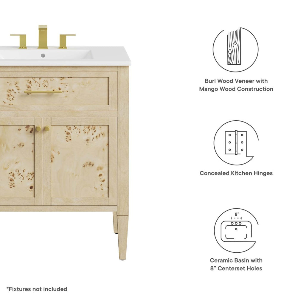 Modway Furniture Elysian 30" Wood Bathroom Vanity - Handcrafted Mango with Unique Burl Finish & Modern Design EEI-6443-WHI-BUR