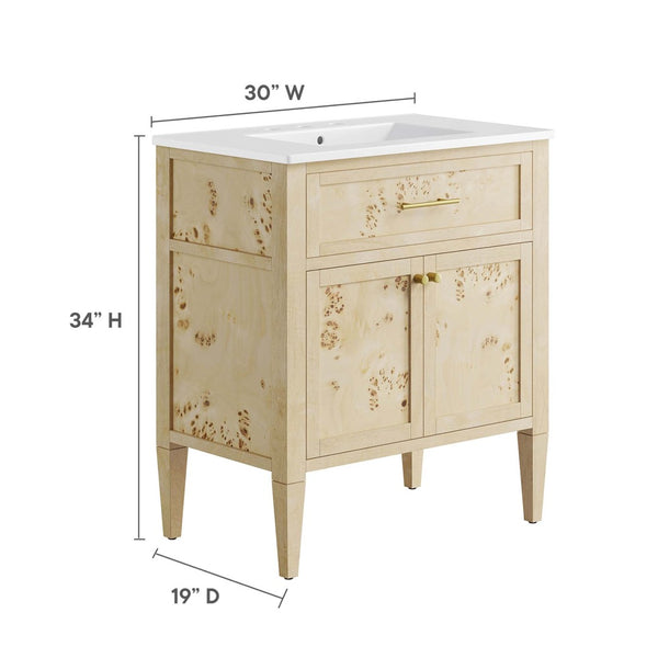 Modway Furniture Elysian 30" Wood Bathroom Vanity - Handcrafted Mango with Unique Burl Finish & Modern Design EEI-6443-WHI-BUR