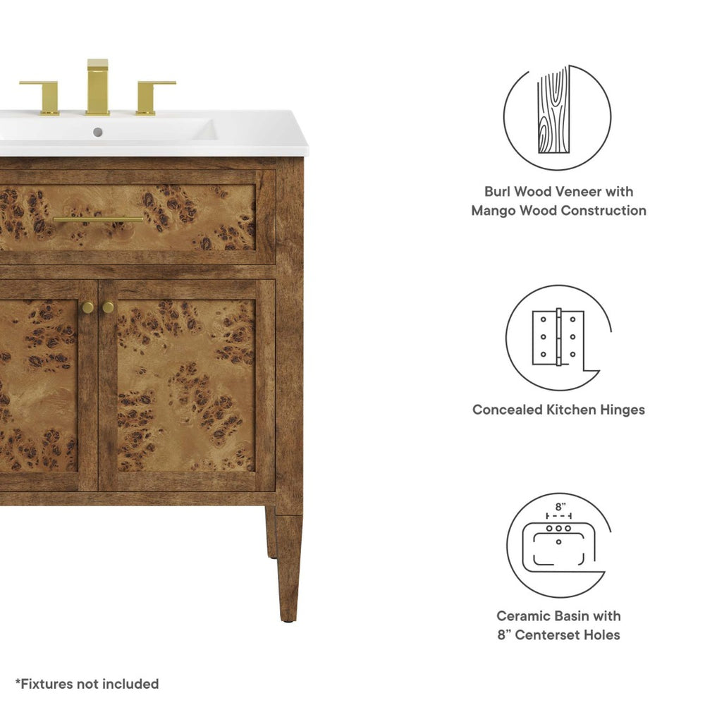 Modway Furniture Elysian 30" Wood Bathroom Vanity - Handcrafted Mango with Ceramic Sink & Modern Mid-Century Style EEI-6444-WHI-BRN