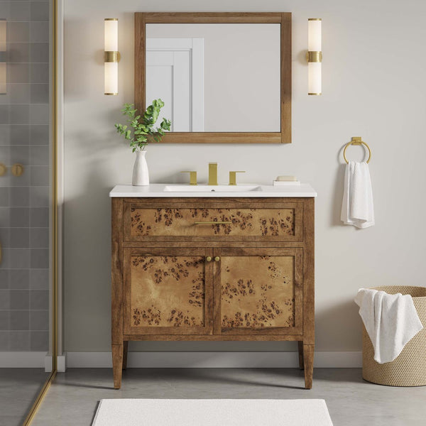 Modway Furniture Elysian 36" Wood Bathroom Vanity - Artisan Mango Wood, Elegant Ceramic Sink & Smart Storage Solutions EEI-6448-WHI-BRN