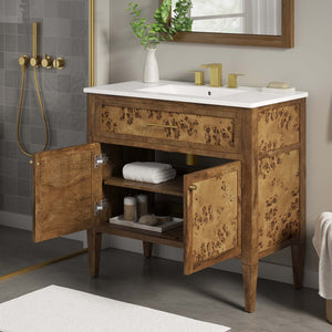 Modway Furniture Elysian 36" Wood Bathroom Vanity - Artisan Mango Wood, Elegant Ceramic Sink & Smart Storage Solutions EEI-6448-WHI-BRN