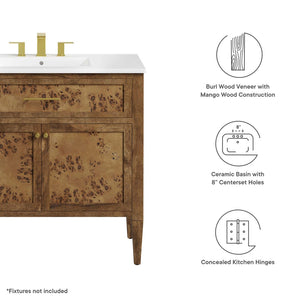 Modway Furniture Elysian 36" Wood Bathroom Vanity - Artisan Mango Wood, Elegant Ceramic Sink & Smart Storage Solutions EEI-6448-WHI-BRN