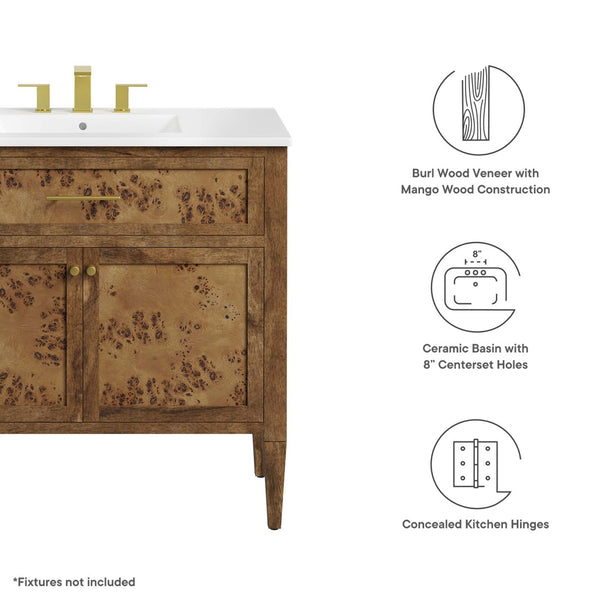 Modway Furniture Elysian 36" Wood Bathroom Vanity - Artisan Mango Wood, Elegant Ceramic Sink & Smart Storage Solutions EEI-6448-WHI-BRN