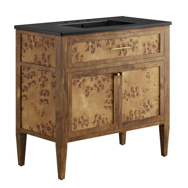 Modway Furniture Elysian 36" Burl Wood Bathroom Vanity - Handcrafted Mango Wood, Modern Design with Ceramic Sink EEI-6450-BLK-BRN