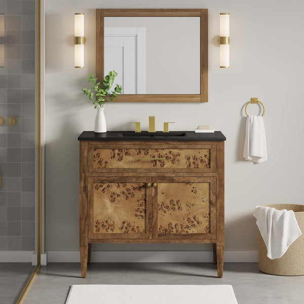 Modway Furniture Elysian 36" Burl Wood Bathroom Vanity - Handcrafted Mango Wood, Modern Design with Ceramic Sink EEI-6450-BLK-BRN