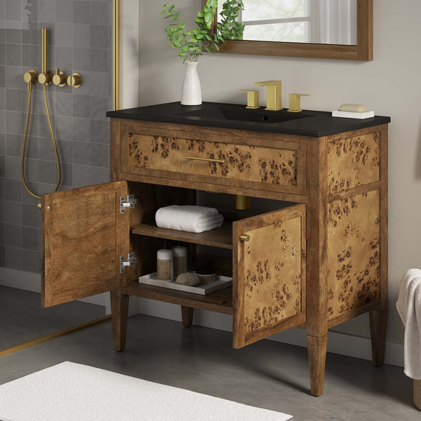 Modway Furniture Elysian 36" Burl Wood Bathroom Vanity - Handcrafted Mango Wood, Modern Design with Ceramic Sink EEI-6450-BLK-BRN