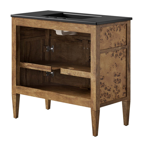 Modway Furniture Elysian 36" Burl Wood Bathroom Vanity - Handcrafted Mango Wood, Modern Design with Ceramic Sink EEI-6450-BLK-BRN