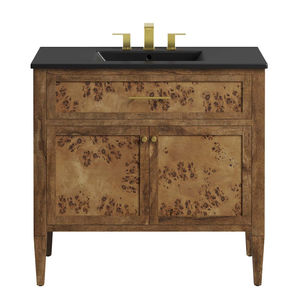 Modway Furniture Elysian 36" Burl Wood Bathroom Vanity - Handcrafted Mango Wood, Modern Design with Ceramic Sink EEI-6450-BLK-BRN