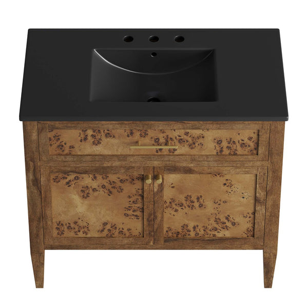 Modway Furniture Elysian 36" Burl Wood Bathroom Vanity - Handcrafted Mango Wood, Modern Design with Ceramic Sink EEI-6450-BLK-BRN