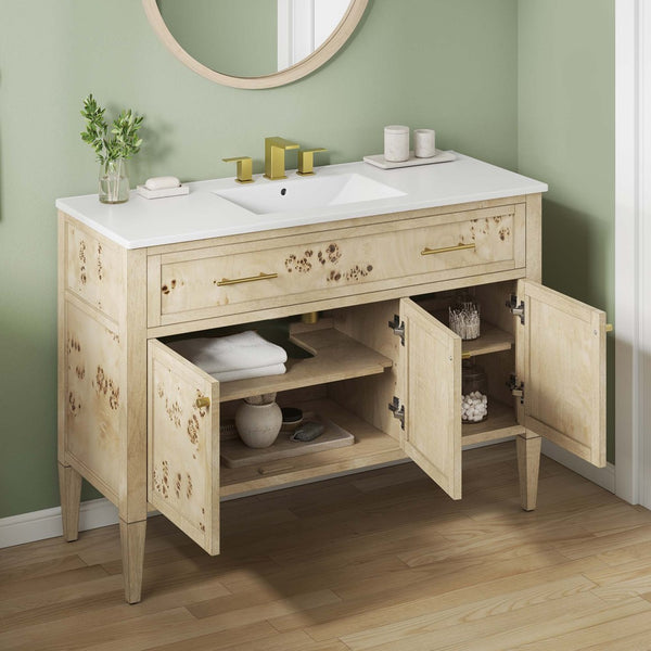 Modway Furniture Elysian 48" Wood Single Sink Bathroom Vanity - Handcrafted Mango & Burl, Modern Storage Solution EEI-6451-WHI-BUR