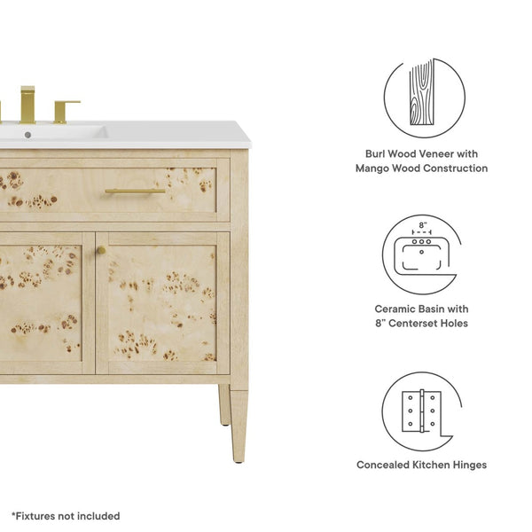 Modway Furniture Elysian 48" Wood Single Sink Bathroom Vanity - Handcrafted Mango & Burl, Modern Storage Solution EEI-6451-WHI-BUR