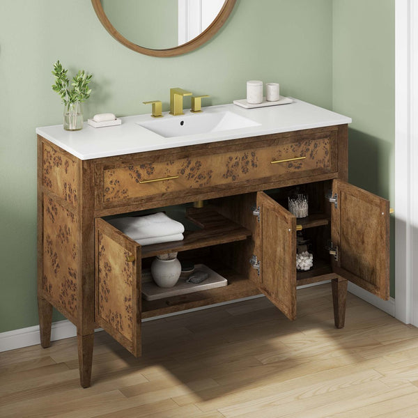 Modway Furniture Elysian 48" Wood Single Sink Bathroom Vanity - Handcrafted Mango & Burl Design with Storage Solutions EEI-6452-WHI-BRN