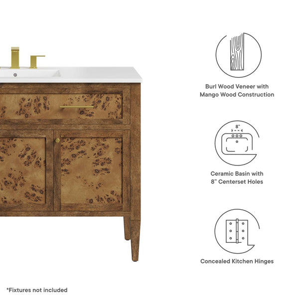 Modway Furniture Elysian 48" Wood Single Sink Bathroom Vanity - Handcrafted Mango & Burl Design with Storage Solutions EEI-6452-WHI-BRN