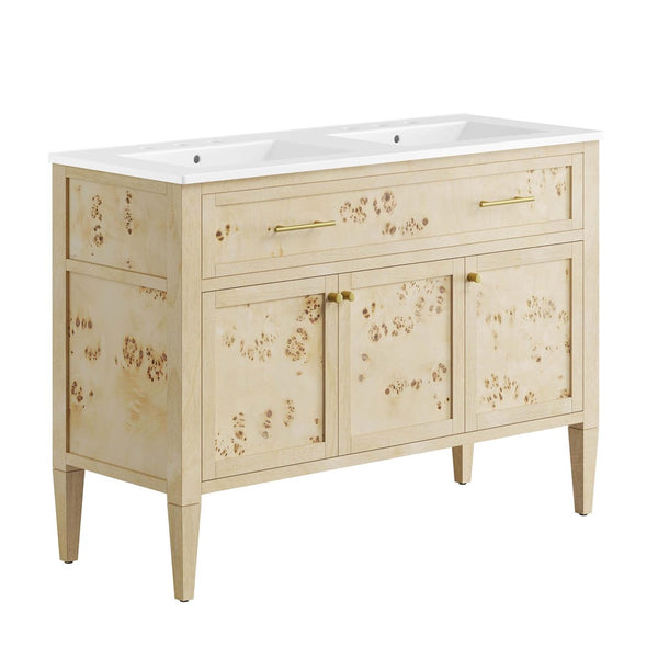 Modway Furniture Elysian 48" Double Sink Bathroom Vanity - Organic Mango Wood with Modern Burl Finish & Storage Solution EEI-6454-WHI-BUR