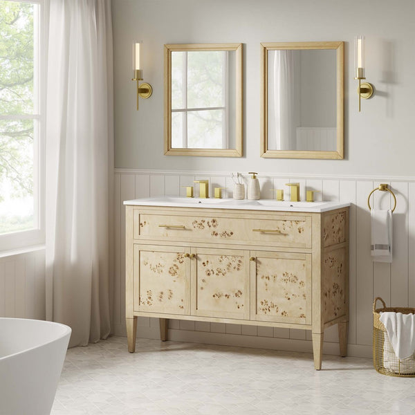 Modway Furniture Elysian 48" Double Sink Bathroom Vanity - Organic Mango Wood with Modern Burl Finish & Storage Solution EEI-6454-WHI-BUR