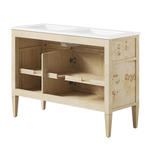 Modway Furniture Elysian 48" Double Sink Bathroom Vanity - Organic Mango Wood with Modern Burl Finish & Storage Solution EEI-6454-WHI-BUR
