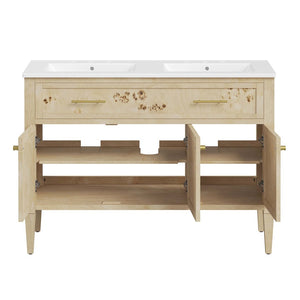 Modway Furniture Elysian 48" Double Sink Bathroom Vanity - Organic Mango Wood with Modern Burl Finish & Storage Solution EEI-6454-WHI-BUR