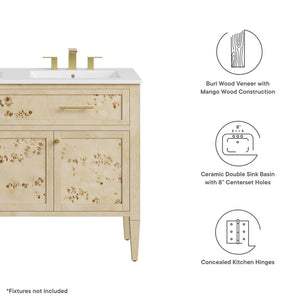 Modway Furniture Elysian 48" Double Sink Bathroom Vanity - Organic Mango Wood with Modern Burl Finish & Storage Solution EEI-6454-WHI-BUR