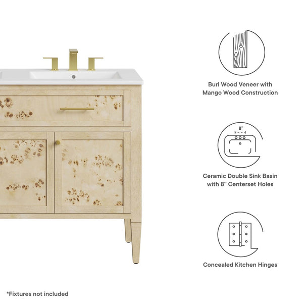 Modway Furniture Elysian 48" Double Sink Bathroom Vanity - Organic Mango Wood with Modern Burl Finish & Storage Solution EEI-6454-WHI-BUR