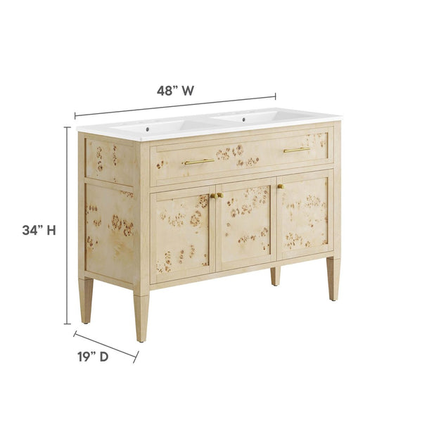 Modway Furniture Elysian 48" Double Sink Bathroom Vanity - Organic Mango Wood with Modern Burl Finish & Storage Solution EEI-6454-WHI-BUR