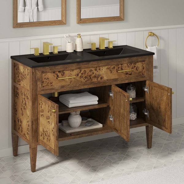 Modway Furniture Elysian 48" Double Sink Vanity - Handcrafted Mango Wood with Modern Mid-Century Design & Storage EEI-6457-BLK-BRN