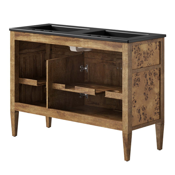 Modway Furniture Elysian 48" Double Sink Vanity - Handcrafted Mango Wood with Modern Mid-Century Design & Storage EEI-6457-BLK-BRN