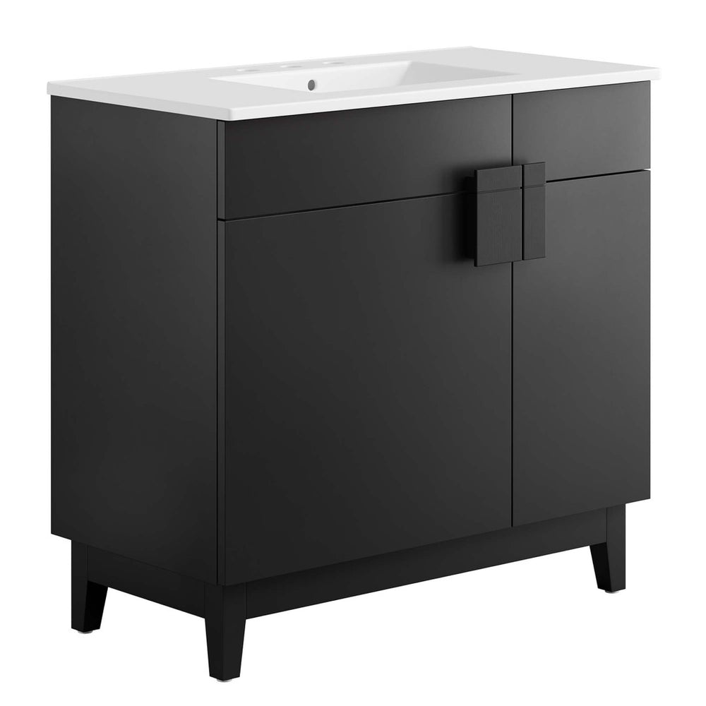 Modway Furniture Miles 36" Contemporary Bathroom Vanity with Curved Ceramic Basin and Asymmetrical Double Doors White Black EEI-6484-WHI-BLK