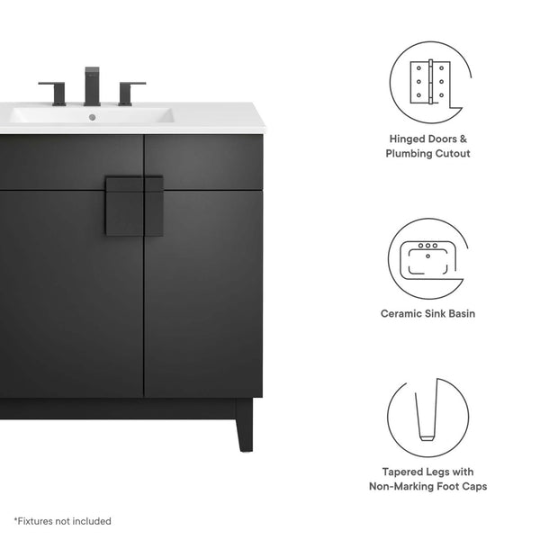 Modway Furniture Miles 36" Contemporary Bathroom Vanity with Curved Ceramic Basin and Asymmetrical Double Doors White Black EEI-6484-WHI-BLK