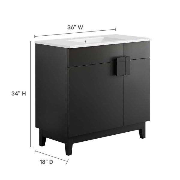 Modway Furniture Miles 36" Contemporary Bathroom Vanity with Curved Ceramic Basin and Asymmetrical Double Doors White Black EEI-6484-WHI-BLK
