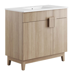 Modway Furniture Miles 36" Contemporary Bathroom Vanity with Curved Ceramic Basin and Asymmetrical Double Doors White Oak EEI-6484-WHI-OAK