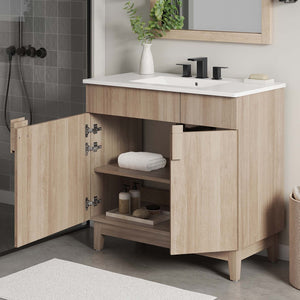 Modway Furniture Miles 36" Contemporary Bathroom Vanity with Curved Ceramic Basin and Asymmetrical Double Doors White Oak EEI-6484-WHI-OAK