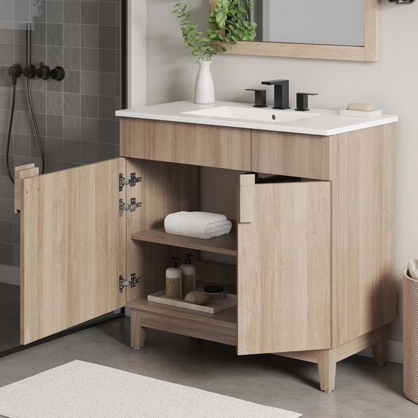 Modway Furniture Miles 36" Contemporary Bathroom Vanity with Curved Ceramic Basin and Asymmetrical Double Doors White Oak EEI-6484-WHI-OAK