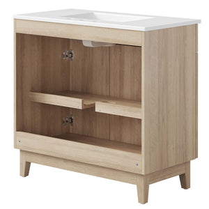 Modway Furniture Miles 36" Contemporary Bathroom Vanity with Curved Ceramic Basin and Asymmetrical Double Doors White Oak EEI-6484-WHI-OAK