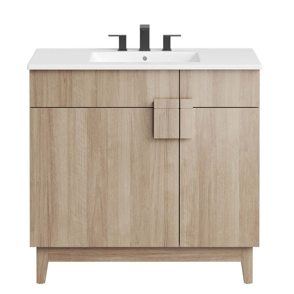 Modway Furniture Miles 36" Contemporary Bathroom Vanity with Curved Ceramic Basin and Asymmetrical Double Doors White Oak EEI-6484-WHI-OAK
