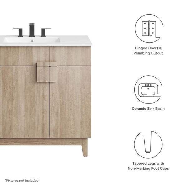 Modway Furniture Miles 36" Contemporary Bathroom Vanity with Curved Ceramic Basin and Asymmetrical Double Doors White Oak EEI-6484-WHI-OAK