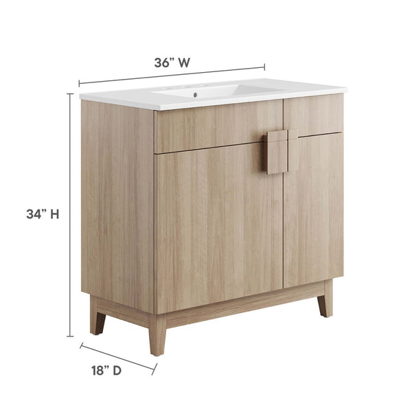 Modway Furniture Miles 36" Contemporary Bathroom Vanity with Curved Ceramic Basin and Asymmetrical Double Doors White Oak EEI-6484-WHI-OAK