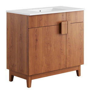 Modway Furniture Miles 36" Contemporary Bathroom Vanity with Curved Ceramic Basin and Asymmetrical Double Doors White Walnut EEI-6484-WHI-WAL