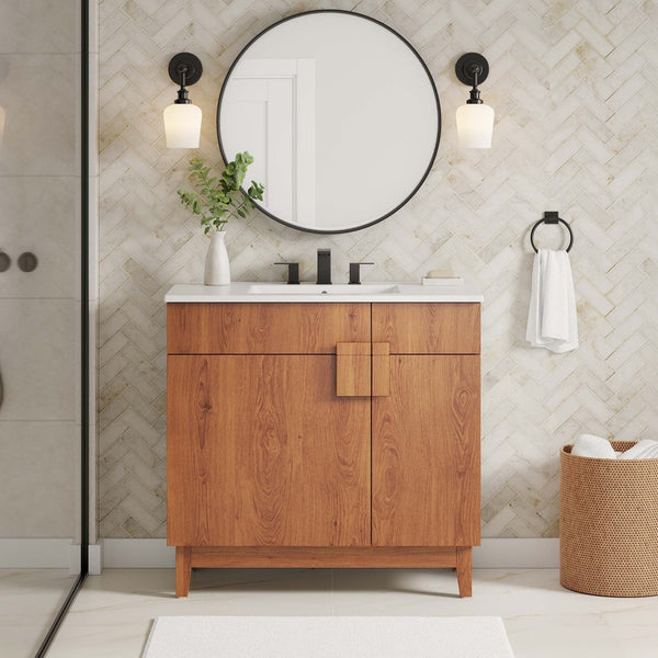 Modway Furniture Miles 36" Contemporary Bathroom Vanity with Curved Ceramic Basin and Asymmetrical Double Doors White Walnut EEI-6484-WHI-WAL