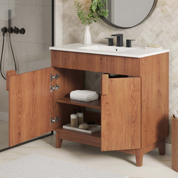 Modway Furniture Miles 36" Contemporary Bathroom Vanity with Curved Ceramic Basin and Asymmetrical Double Doors White Walnut EEI-6484-WHI-WAL
