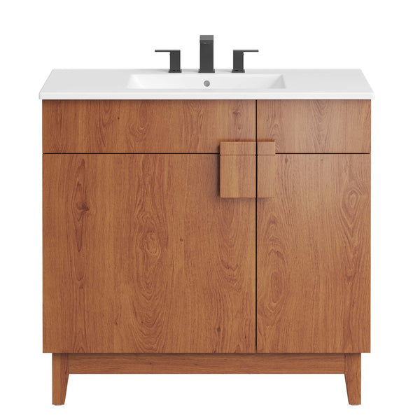 Modway Furniture Miles 36" Contemporary Bathroom Vanity with Curved Ceramic Basin and Asymmetrical Double Doors White Walnut EEI-6484-WHI-WAL