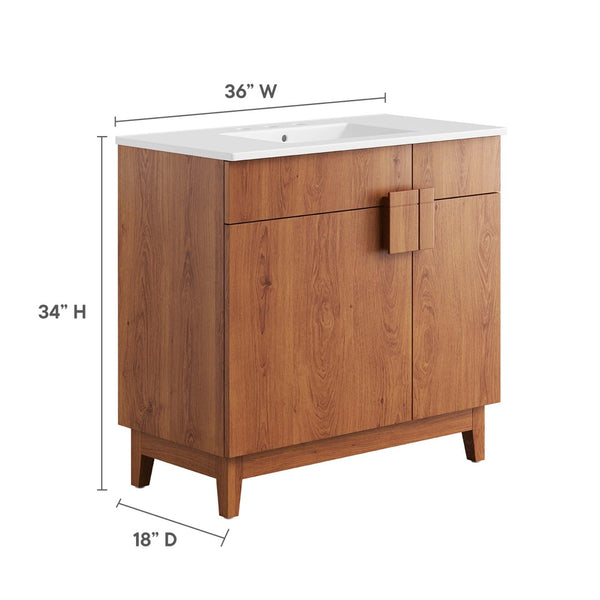 Modway Furniture Miles 36" Contemporary Bathroom Vanity with Curved Ceramic Basin and Asymmetrical Double Doors White Walnut EEI-6484-WHI-WAL