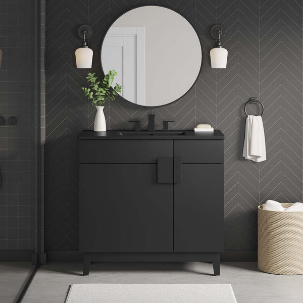 Modway Furniture Miles 36" Bathroom Vanity by Modway - Sleek Modern Design with Storage & Curved Ceramic Basin Black Black EEI-6485-BLK-BLK