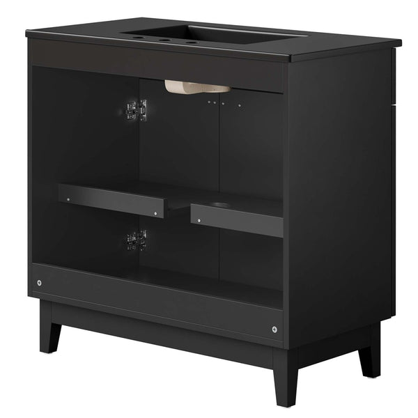 Modway Furniture Miles 36" Bathroom Vanity by Modway - Sleek Modern Design with Storage & Curved Ceramic Basin Black Black EEI-6485-BLK-BLK