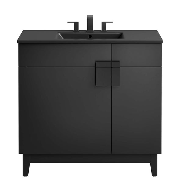 Modway Furniture Miles 36" Bathroom Vanity by Modway - Sleek Modern Design with Storage & Curved Ceramic Basin Black Black EEI-6485-BLK-BLK