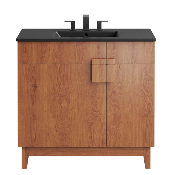 Modway Furniture Miles 36" Bathroom Vanity by Modway - Sleek Modern Design with Storage & Curved Ceramic Basin Black Walnut EEI-6485-BLK-WAL
