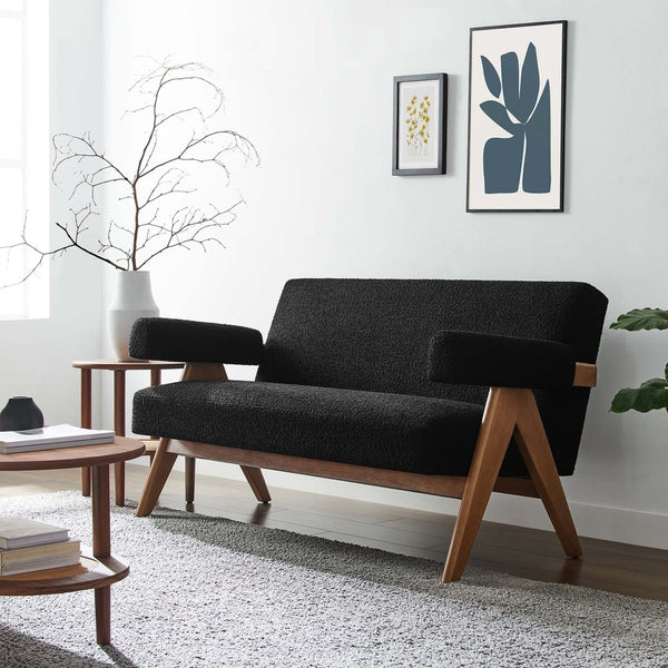 Modway Furniture Lyra Boucle Fabric Loveseat - Modern Luxury Comfort with Durable Design for Living Spaces and More Black EEI-6504-BLK