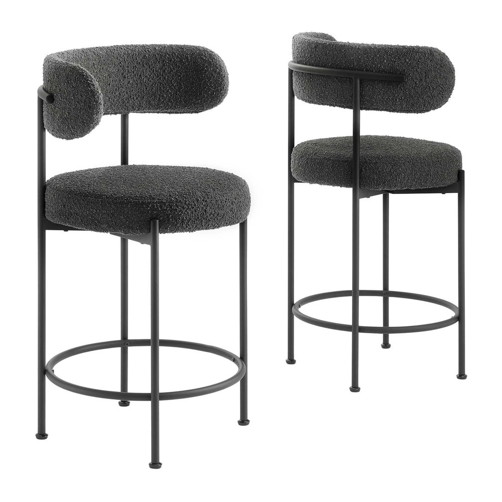 Modway Furniture Albie Boucle Fabric Counter Stools Set of 2 - Chic Ergonomic Design for Modern Dining Comfort Charcoal Black EEI-6518-CHA-BLK