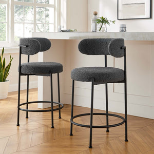 Modway Furniture Albie Boucle Fabric Counter Stools Set of 2 - Chic Ergonomic Design for Modern Dining Comfort Charcoal Black EEI-6518-CHA-BLK
