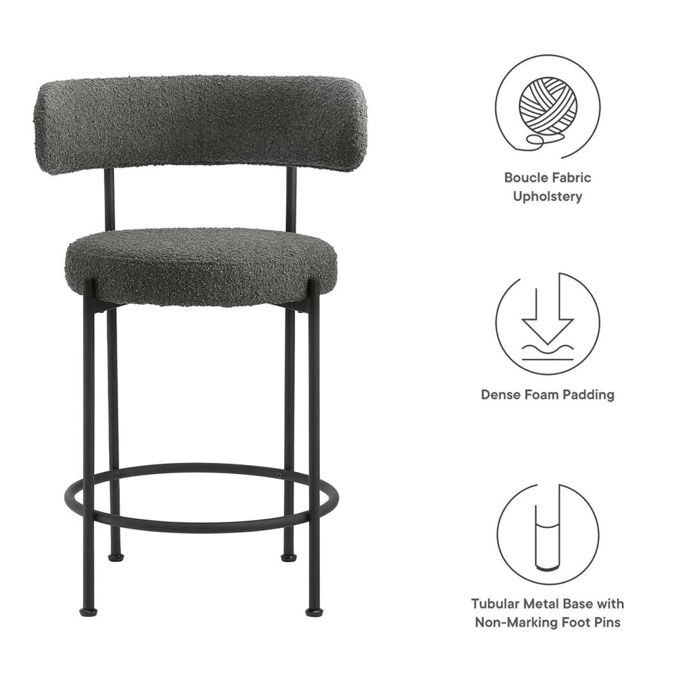 Modway Furniture Albie Boucle Fabric Counter Stools Set of 2 - Chic Ergonomic Design for Modern Dining Comfort Charcoal Black EEI-6518-CHA-BLK